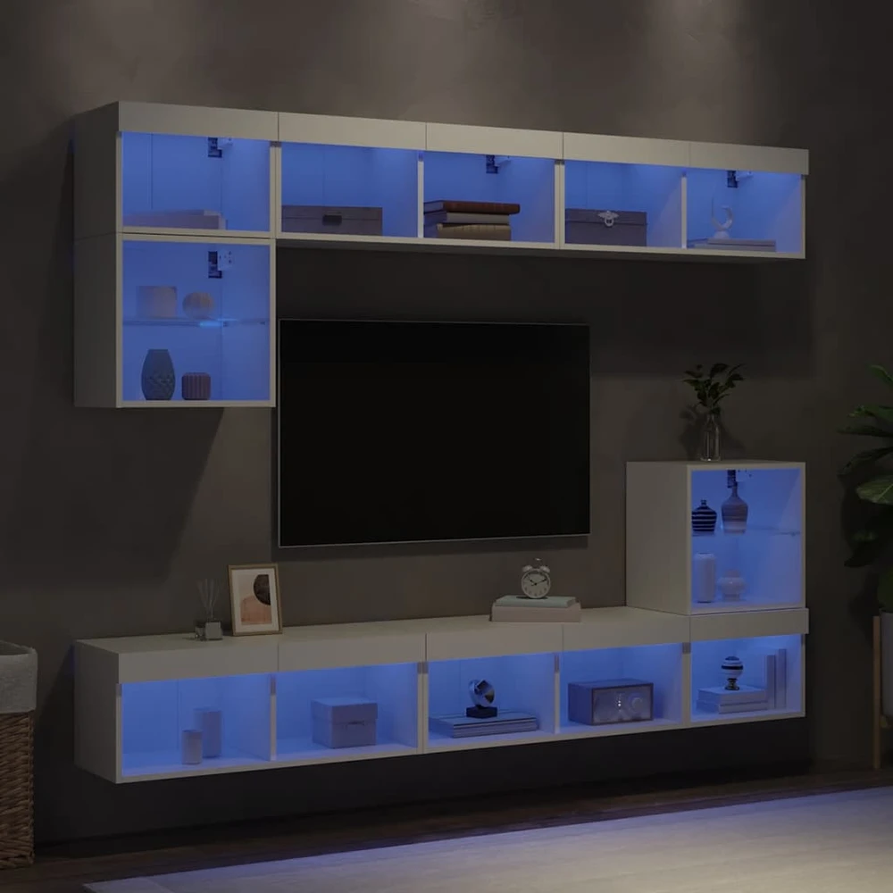 TV staliukas Sieninė TV sekcija su LED, 8 dalių, balta, apdirbta mediena