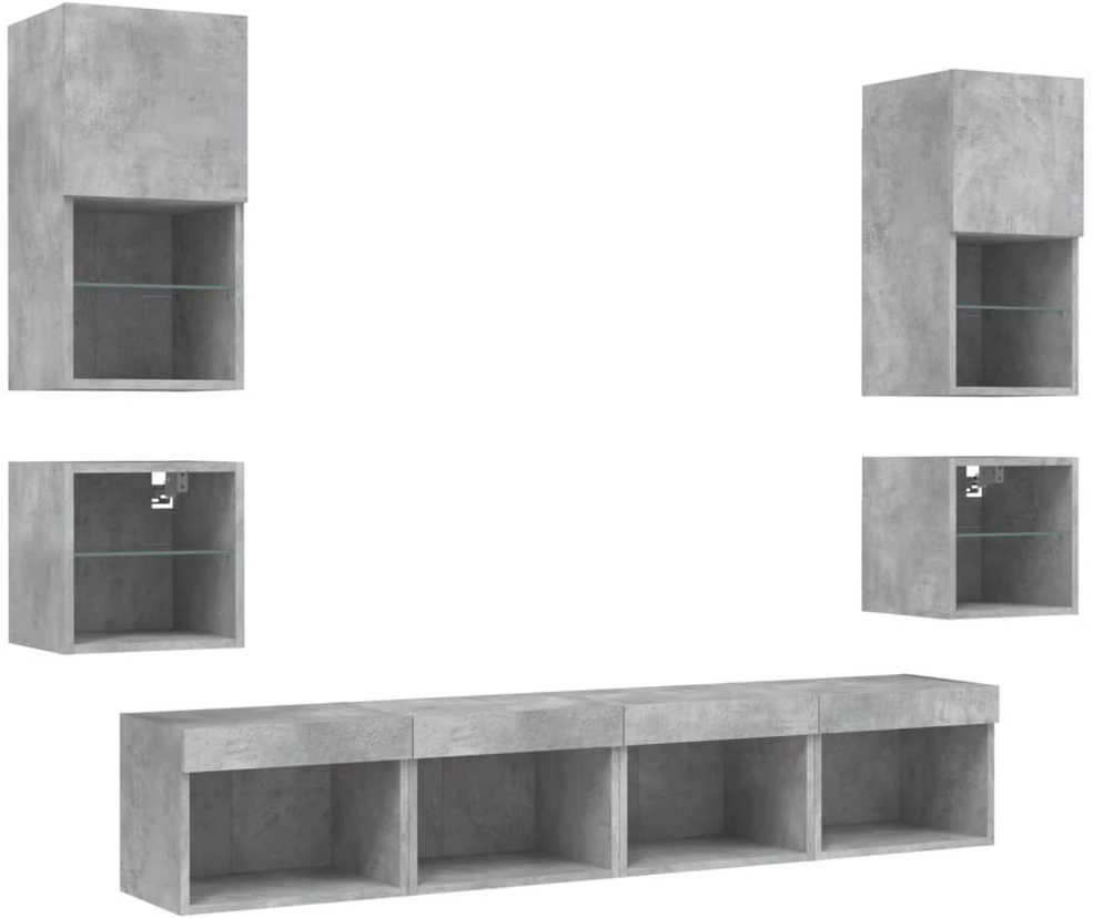 TV staliukas Sieninė TV sekcija su LED, 8 dalių, betono, apdirbta mediena