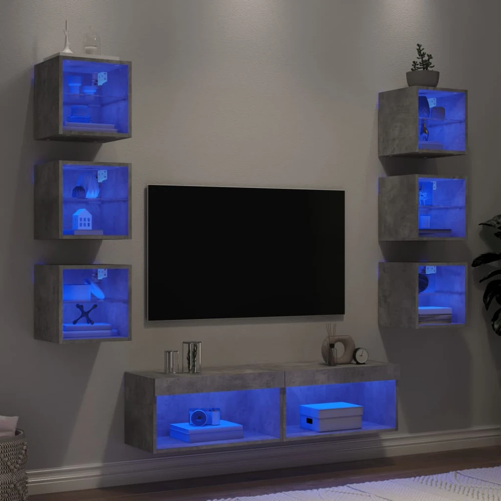 TV staliukas Sieninė TV sekcija su LED, 8 dalių, betono, apdirbta mediena