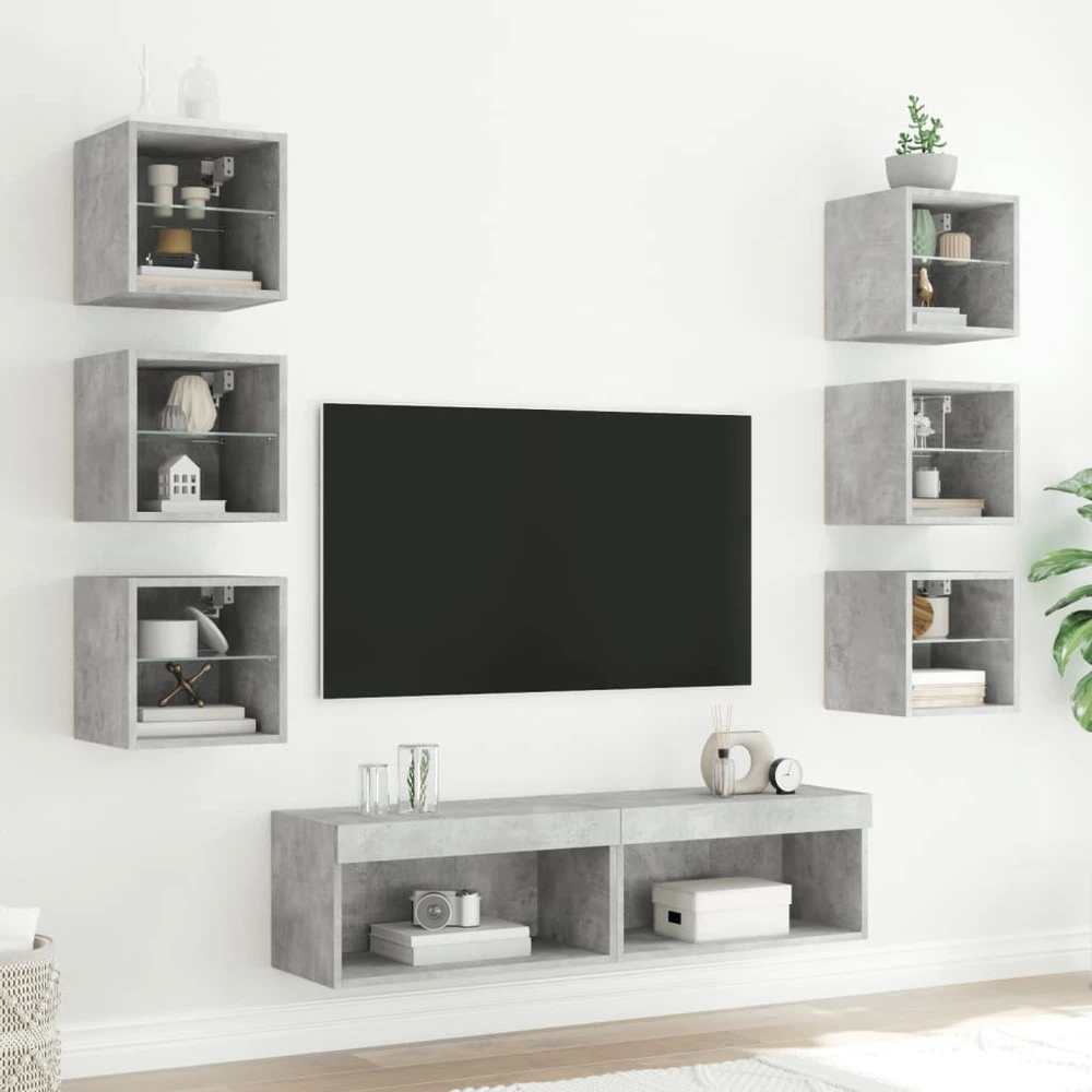 TV staliukas Sieninė TV sekcija su LED, 8 dalių, betono, apdirbta mediena