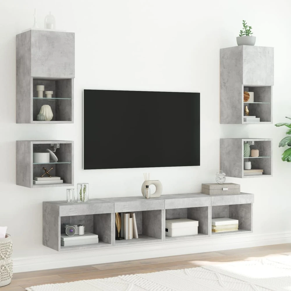TV staliukas Sieninė TV sekcija su LED, 8 dalių, betono, apdirbta mediena