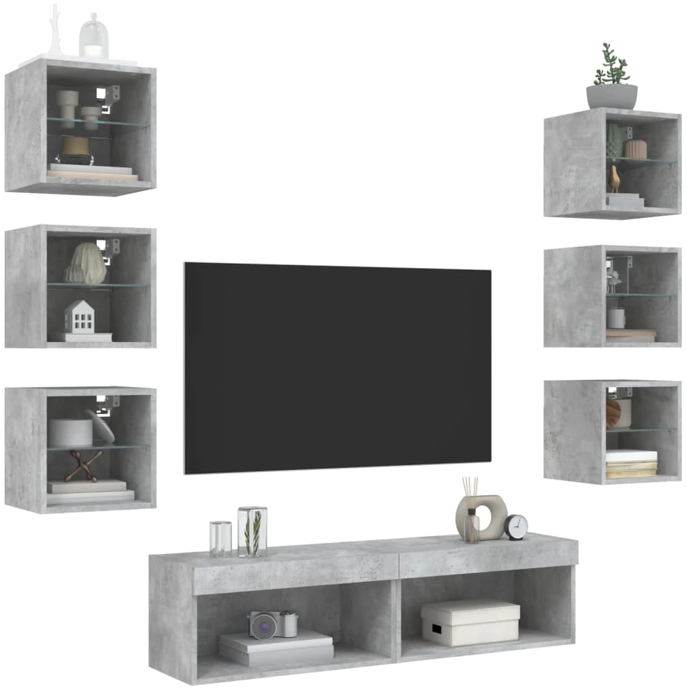 TV staliukas Sieninė TV sekcija su LED, 8 dalių, betono, apdirbta mediena