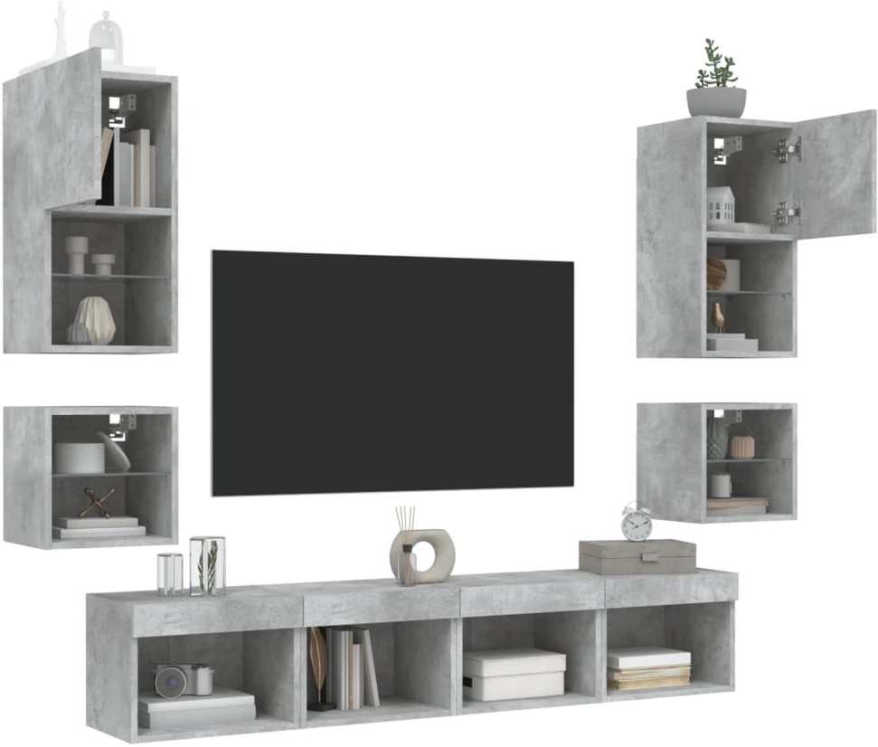 TV staliukas Sieninė TV sekcija su LED, 8 dalių, betono, apdirbta mediena