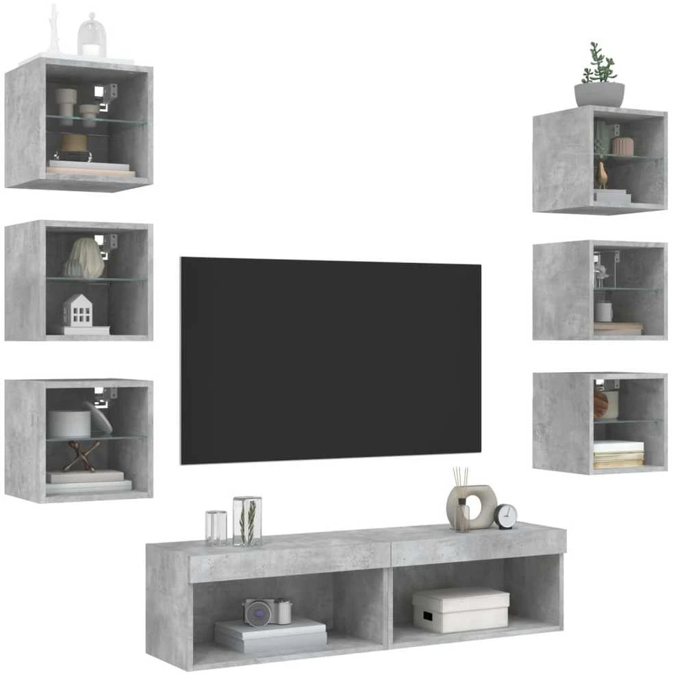 TV staliukas Sieninė TV sekcija su LED, 8 dalių, betono, apdirbta mediena