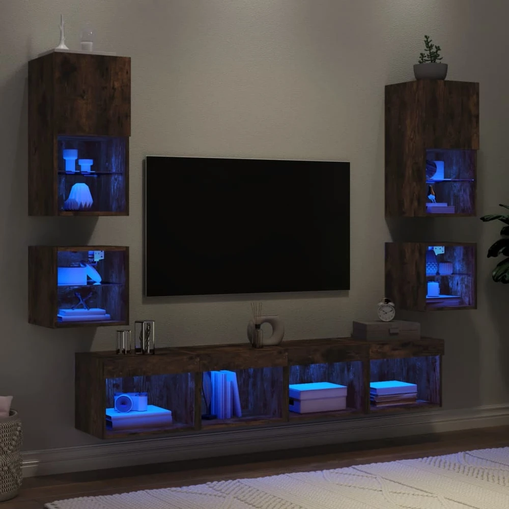 TV staliukas Sieninė TV sekcija su LED, 8 dalių, dūminio ąžuolo, mediena