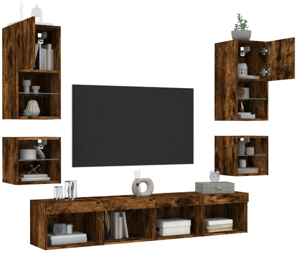 TV staliukas Sieninė TV sekcija su LED, 8 dalių, dūminio ąžuolo, mediena