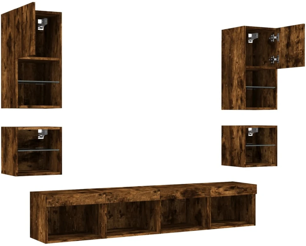TV staliukas Sieninė TV sekcija su LED, 8 dalių, dūminio ąžuolo, mediena