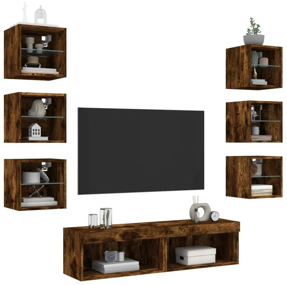TV staliukas Sieninė TV sekcija su LED, 8 dalių, dūminio ąžuolo, mediena