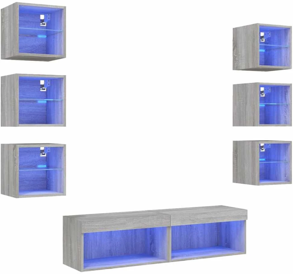 TV staliukas Sieninė TV sekcija su LED, 8 dalių, pilka ąžuolo, mediena