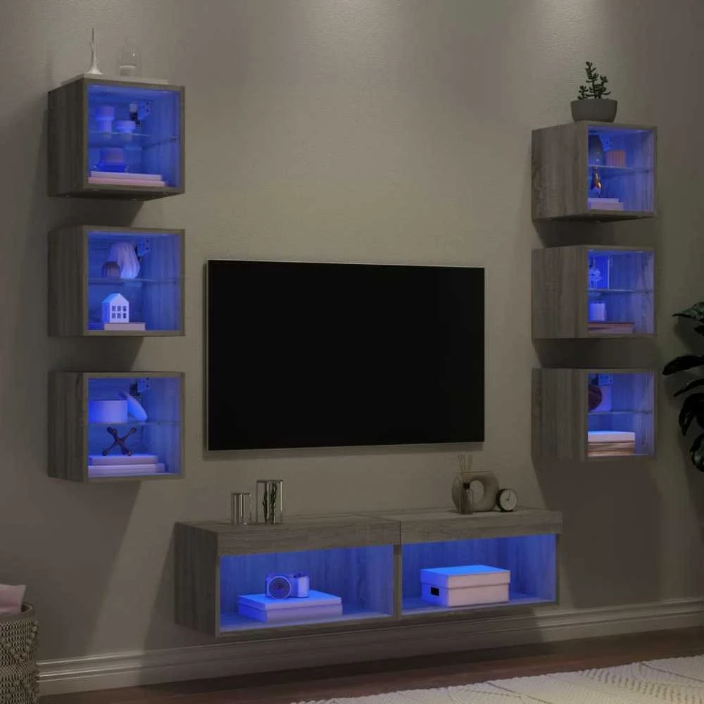 TV staliukas Sieninė TV sekcija su LED, 8 dalių, pilka ąžuolo, mediena