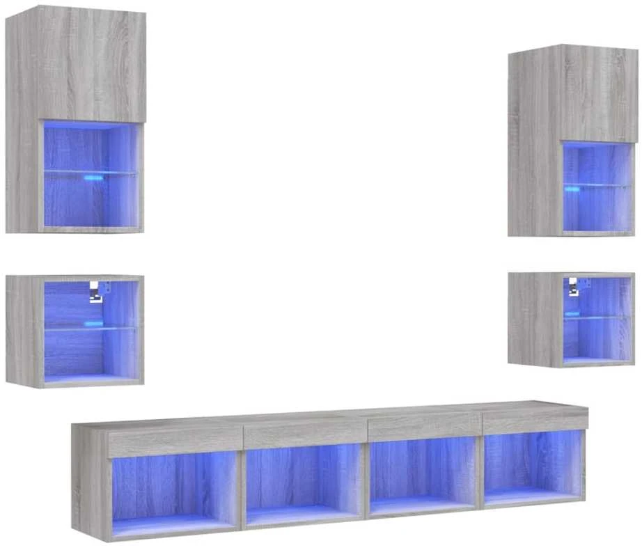TV staliukas Sieninė TV sekcija su LED, 8 dalių, pilka ąžuolo, mediena