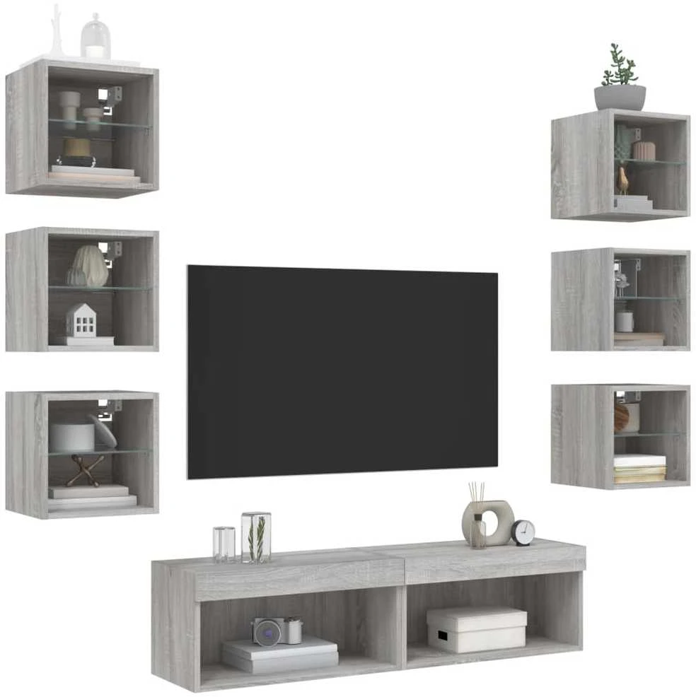 TV staliukas Sieninė TV sekcija su LED, 8 dalių, pilka ąžuolo, mediena