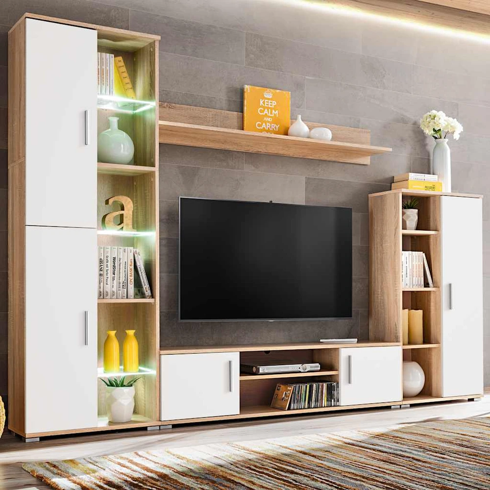 TV staliukas Sieninė TV sekcija su LED švies., Sonoma ąžuolo mediena, balta