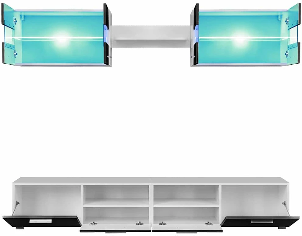 TV staliukas Sieninė TV sekcija su LED šviesomis, 5 d., blizgi, juoda