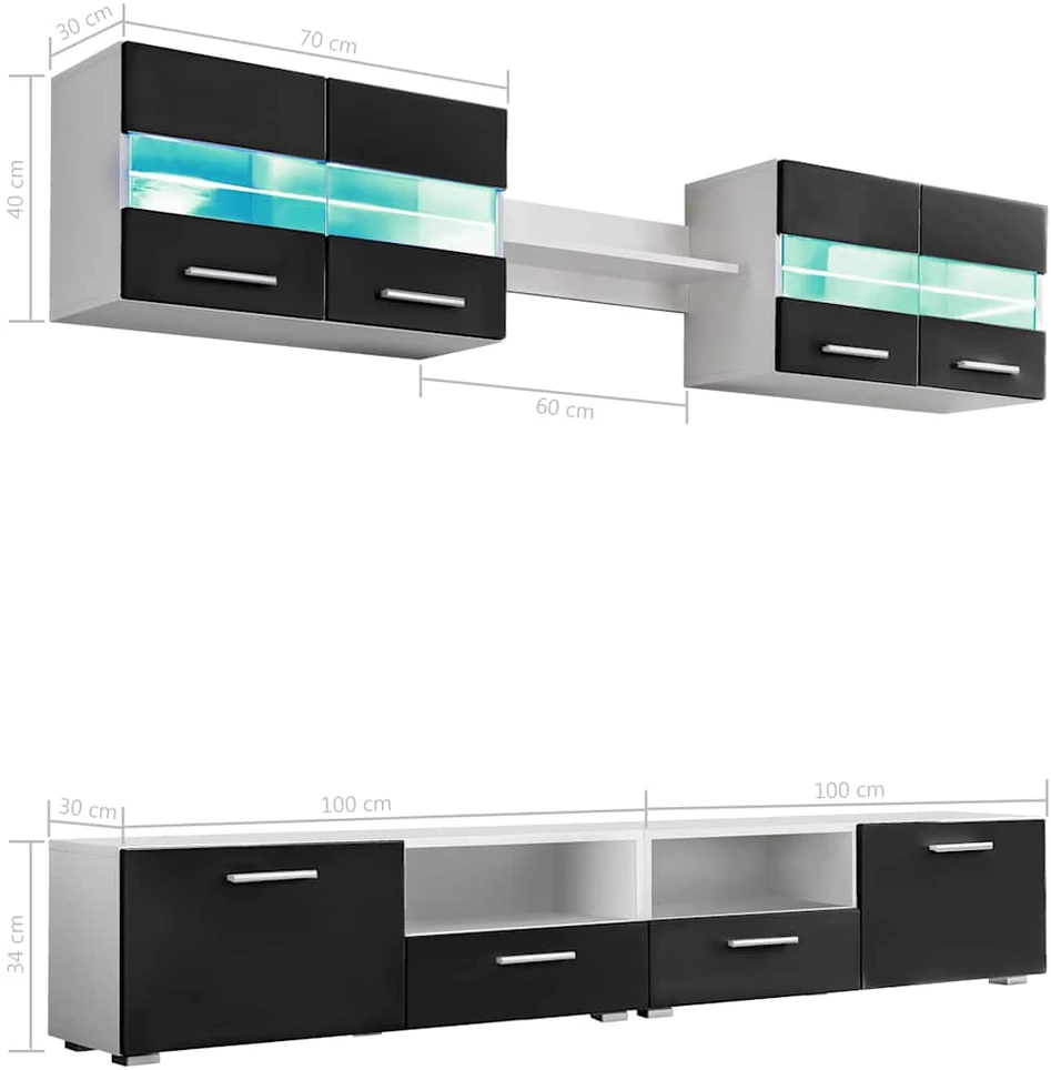 TV staliukas Sieninė TV sekcija su LED šviesomis, 5 d., blizgi, juoda