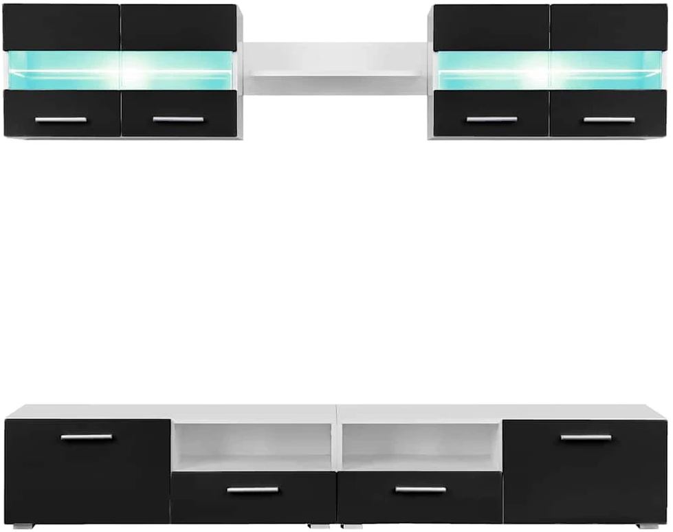 TV staliukas Sieninė TV sekcija su LED šviesomis, 5 d., blizgi, juoda
