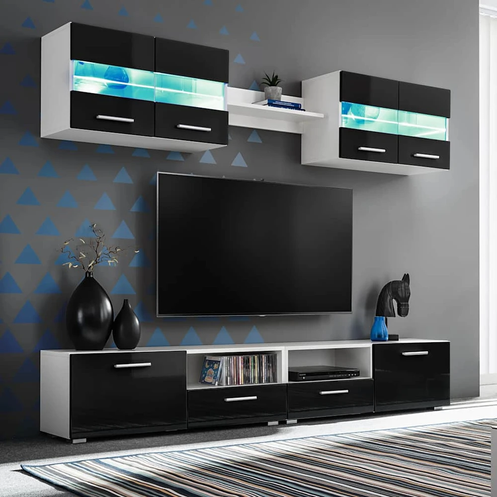 TV staliukas Sieninė TV sekcija su LED šviesomis, 5 d., blizgi, juoda