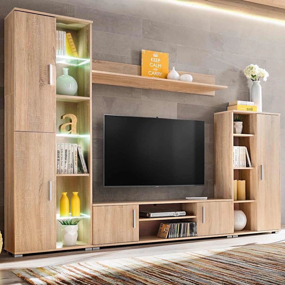 TV staliukas Sieninė TV sekcija su LED šviesomis, Sonoma ąžuolo mediena