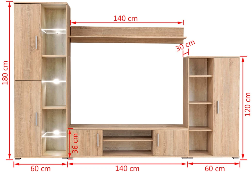 TV staliukas Sieninė TV sekcija su LED šviesomis, Sonoma ąžuolo mediena