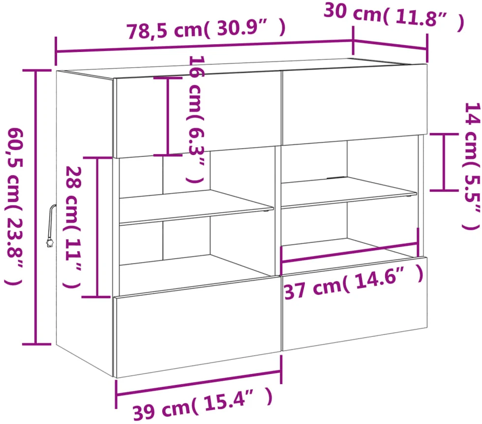 TV staliukas Sieninė TV spintelė su LED lemputėmis, ąžuolo, 78,5x30x60,5cm