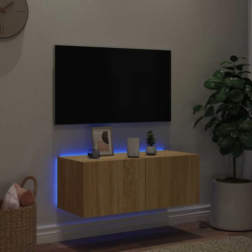 TV staliukas Sieninė TV spintelė su LED lemputėmis, ąžuolo, 80x35x31cm