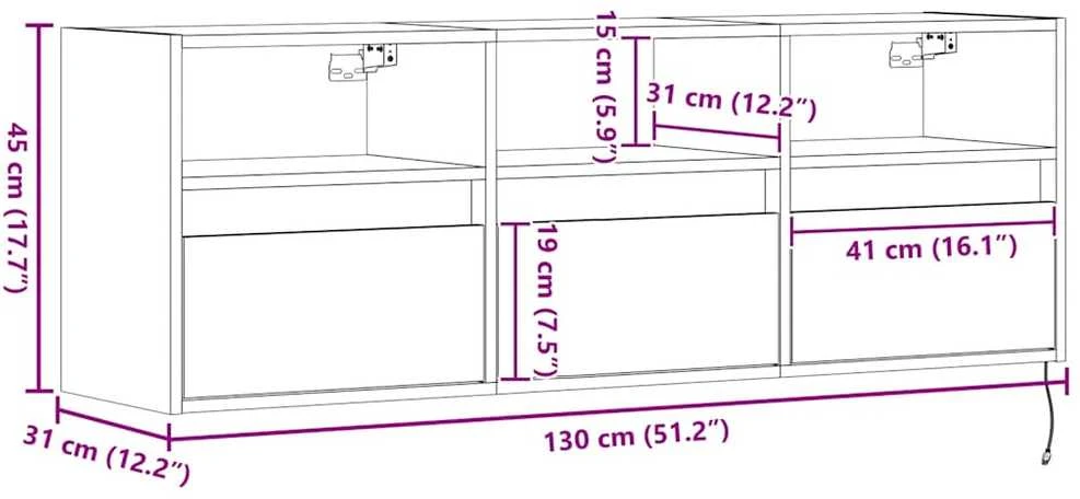 TV staliukas Sieninė TV spintelė su LED lemputėmis, ąžuolo, 130x31x45 cm
