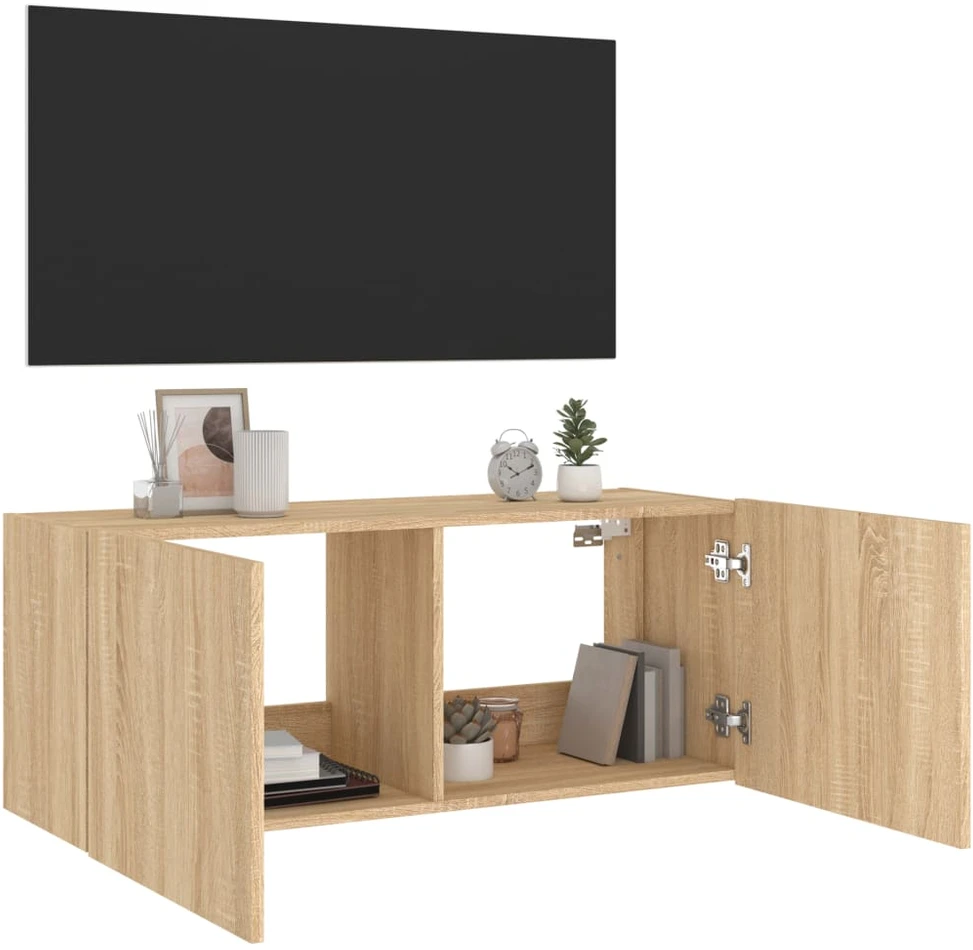 TV staliukas Sieninė TV spintelė su LED lemputėmis, ąžuolo, 100x35x41cm