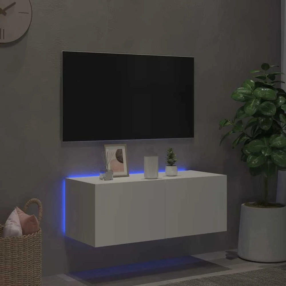 TV staliukas Sieninė TV spintelė su LED lemputėmis, balta, 80x35x31cm