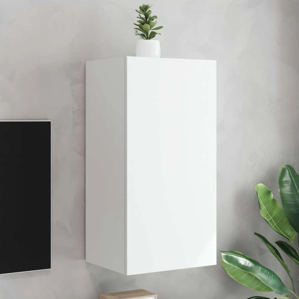 TV staliukas Sieninė TV spintelė su LED lemputėmis, balta, 40,5x35x80cm