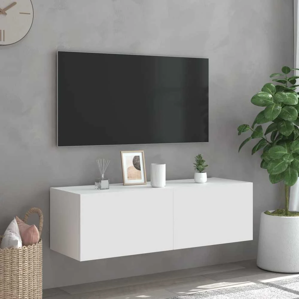 TV staliukas Sieninė TV spintelė su LED lemputėmis, balta, 100x35x31cm