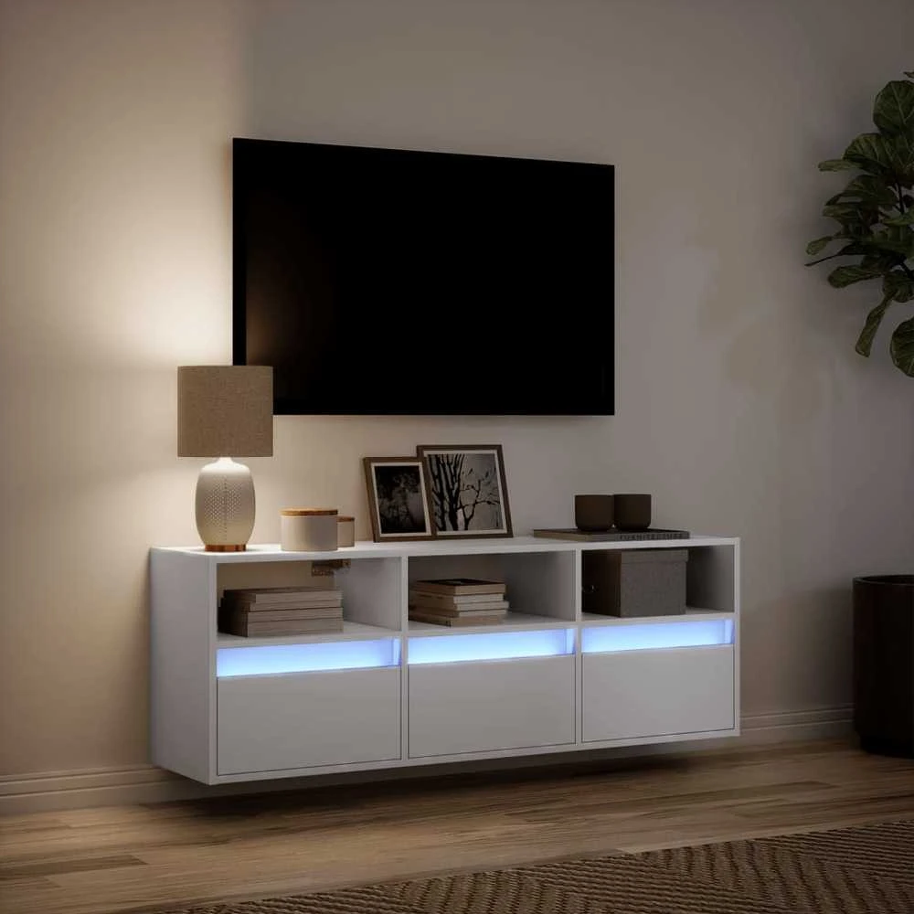 TV staliukas Sieninė TV spintelė su LED lemputėmis, balta, 130x31x45 cm