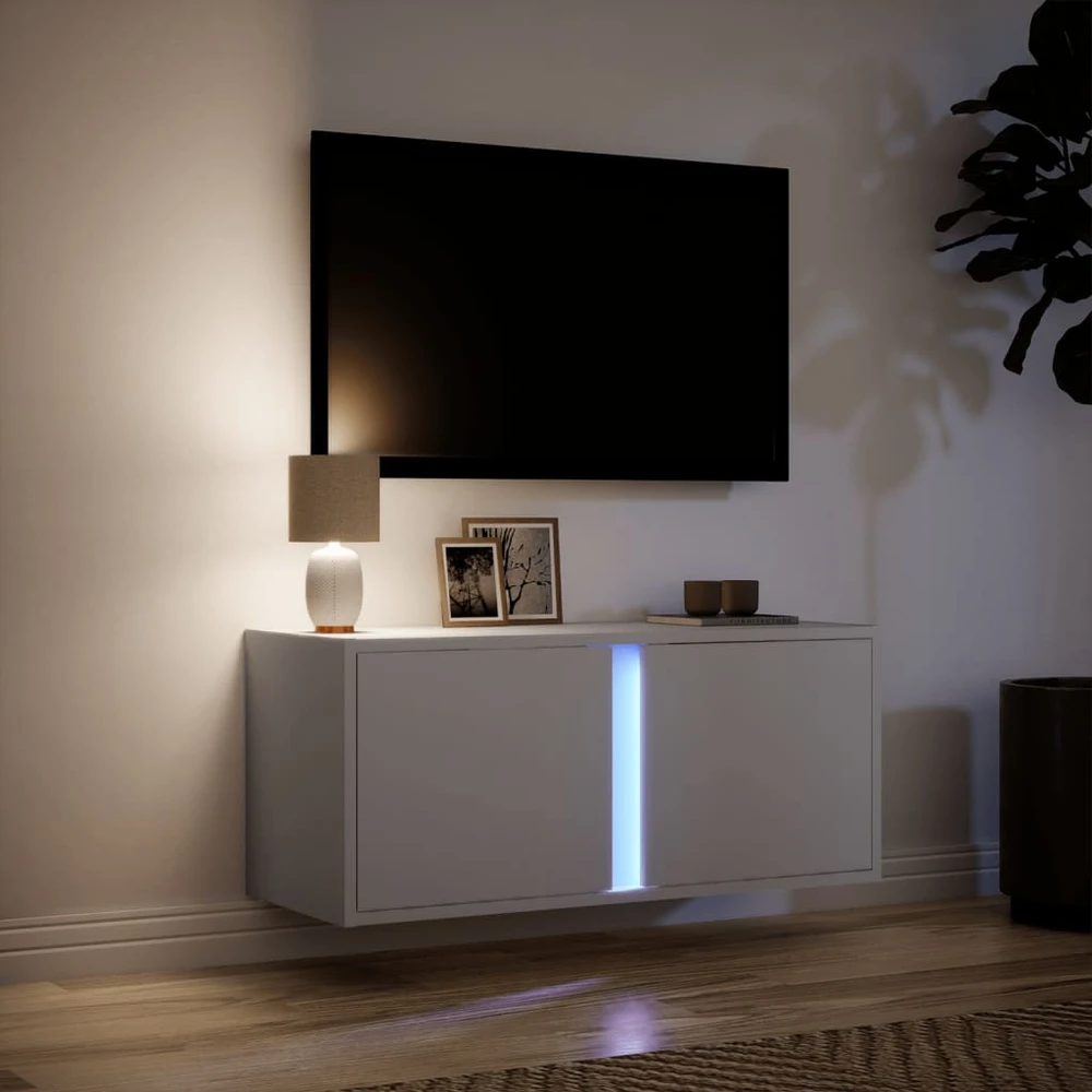 TV staliukas Sieninė TV spintelė su LED lemputėmis, balta, 80x31x35cm