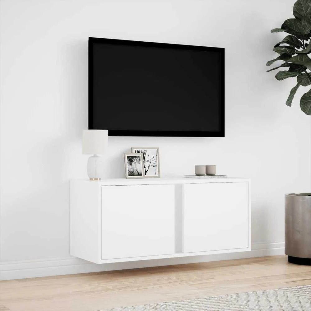 TV staliukas Sieninė TV spintelė su LED lemputėmis, balta, 80x31x35cm