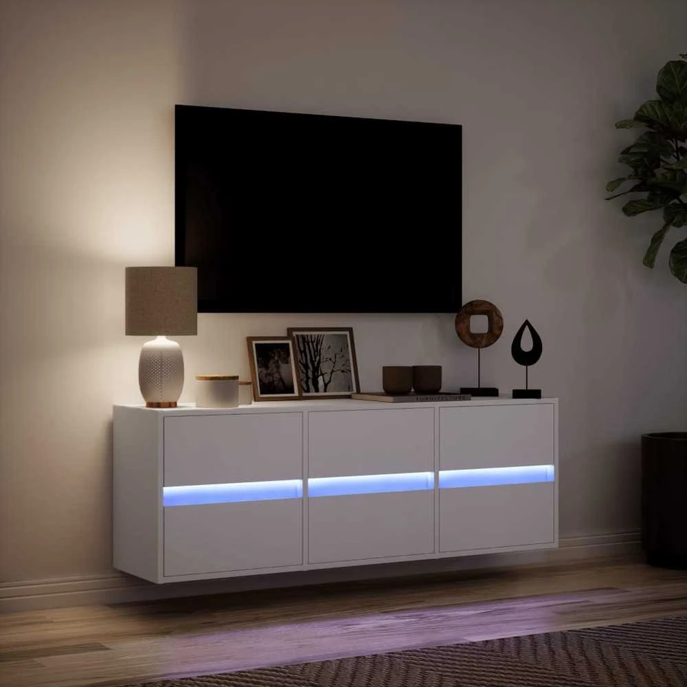 TV staliukas Sieninė TV spintelė su LED lemputėmis, balta, 130x31x45 cm