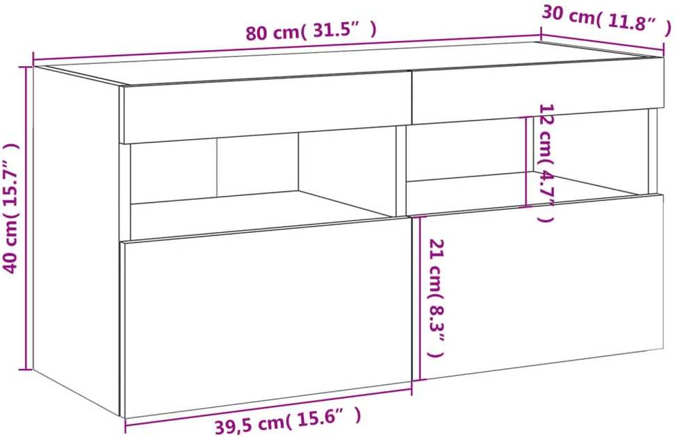 TV staliukas Sieninė TV spintelė su LED lemputėmis, balta, 80x30x40cm