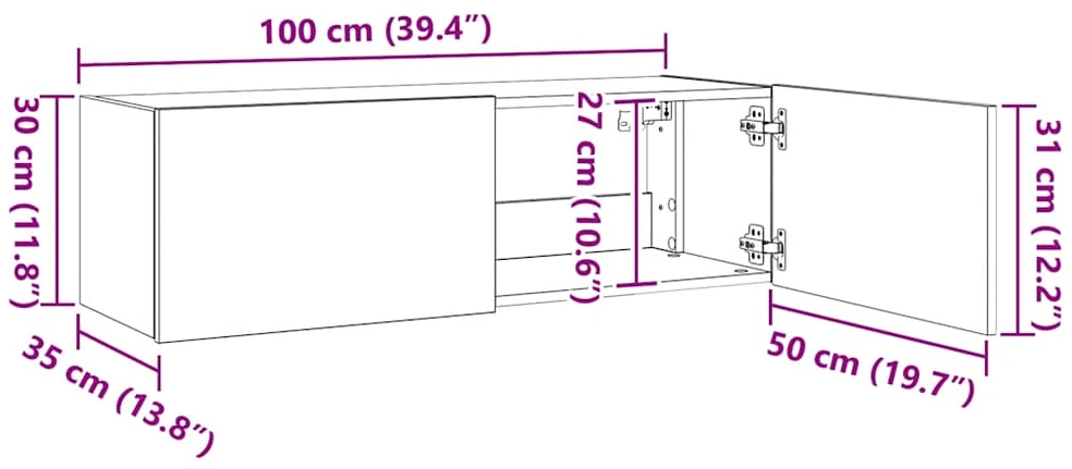 TV staliukas Sieninė TV spintelė su LED lemputėmis, balta, 100x35x31cm