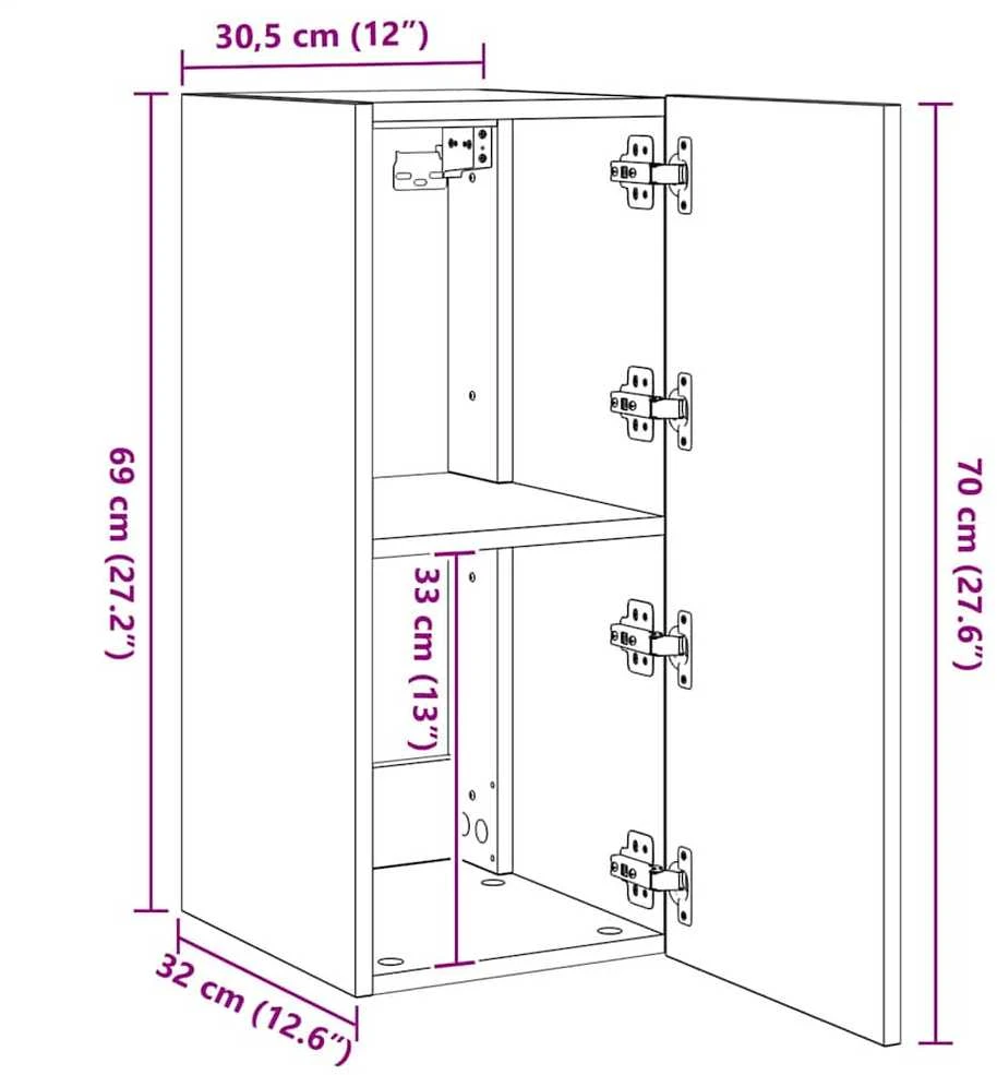 TV staliukas Sieninė TV spintelė su LED lemputėmis, balta, 30,5x35x70cm
