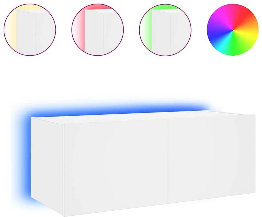 TV staliukas Sieninė TV spintelė su LED lemputėmis, balta, 80x35x31cm