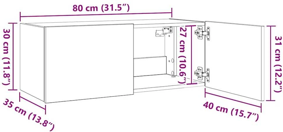 TV staliukas Sieninė TV spintelė su LED lemputėmis, balta, 80x35x31cm