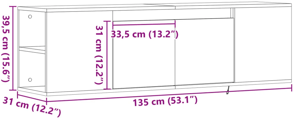 TV staliukas Sieninė TV spintelė su LED lemputėmis, balta, 135x31x39,5cm