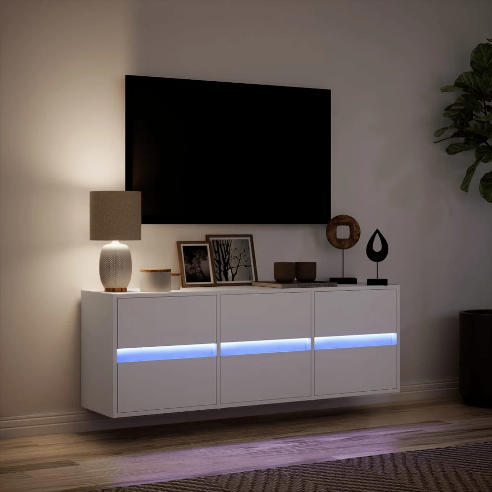 TV staliukas Sieninė TV spintelė su LED lemputėmis, balta, 130x31x45 cm