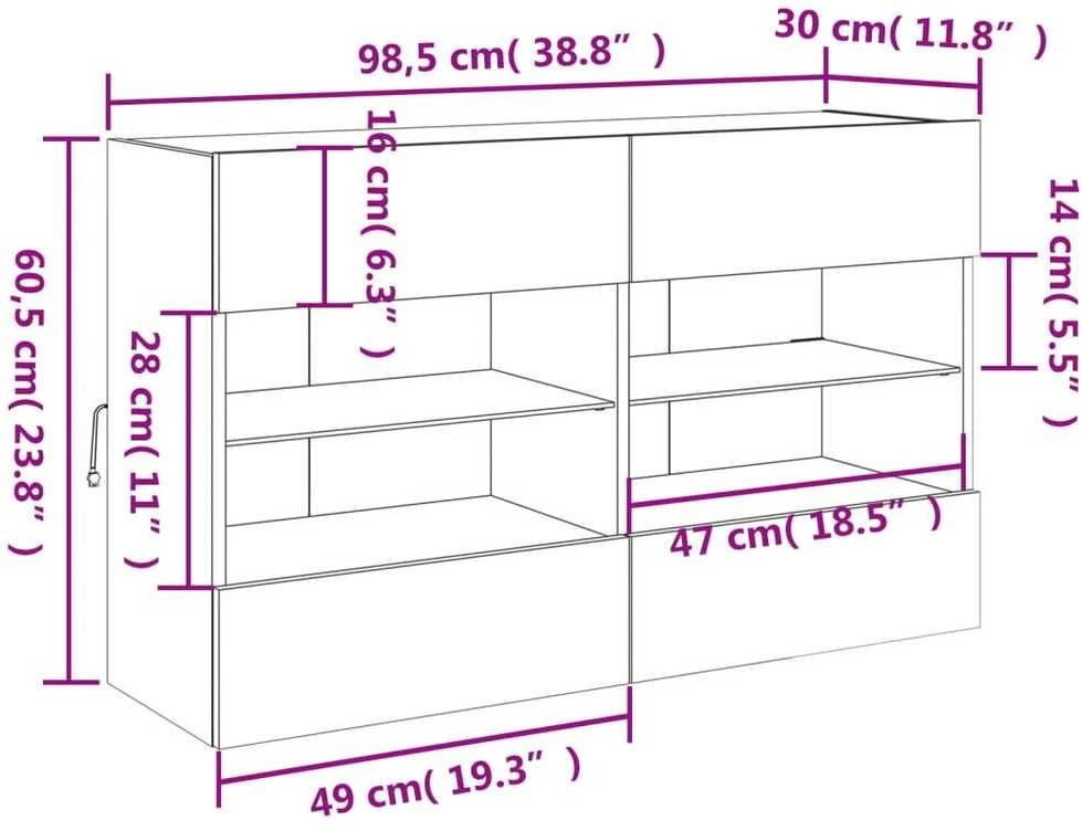 TV staliukas Sieninė TV spintelė su LED lemputėmis, balta, 98,5x30x60,5cm