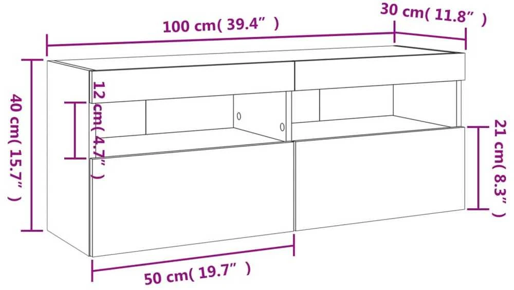 TV staliukas Sieninė TV spintelė su LED lemputėmis, balta, 100x30x40cm