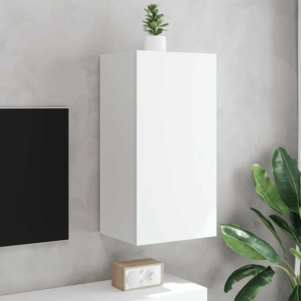 TV staliukas Sieninė TV spintelė su LED lemputėmis, balta, 40,5x35x80cm