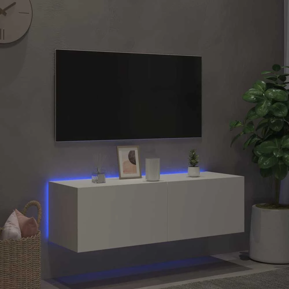 TV staliukas Sieninė TV spintelė su LED lemputėmis, balta, 100x35x31cm