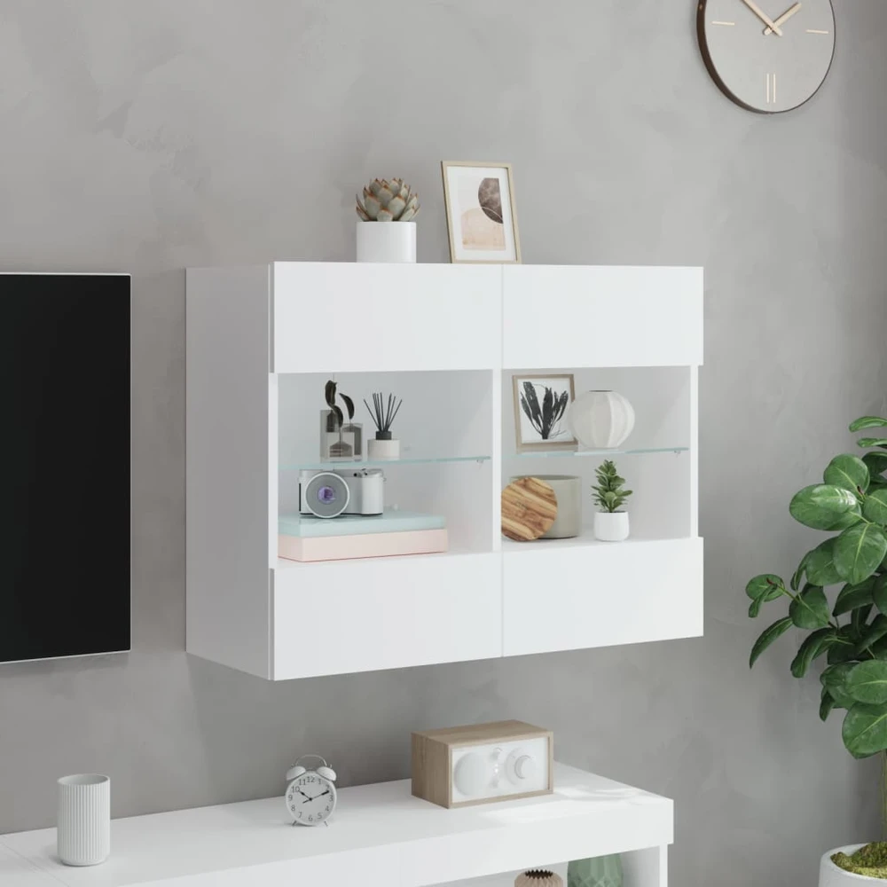TV staliukas Sieninė TV spintelė su LED lemputėmis, balta, 78,5x30x60,5cm