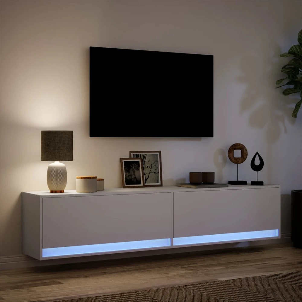 TV staliukas Sieninė TV spintelė su LED lemputėmis, balta, 180x31x38cm