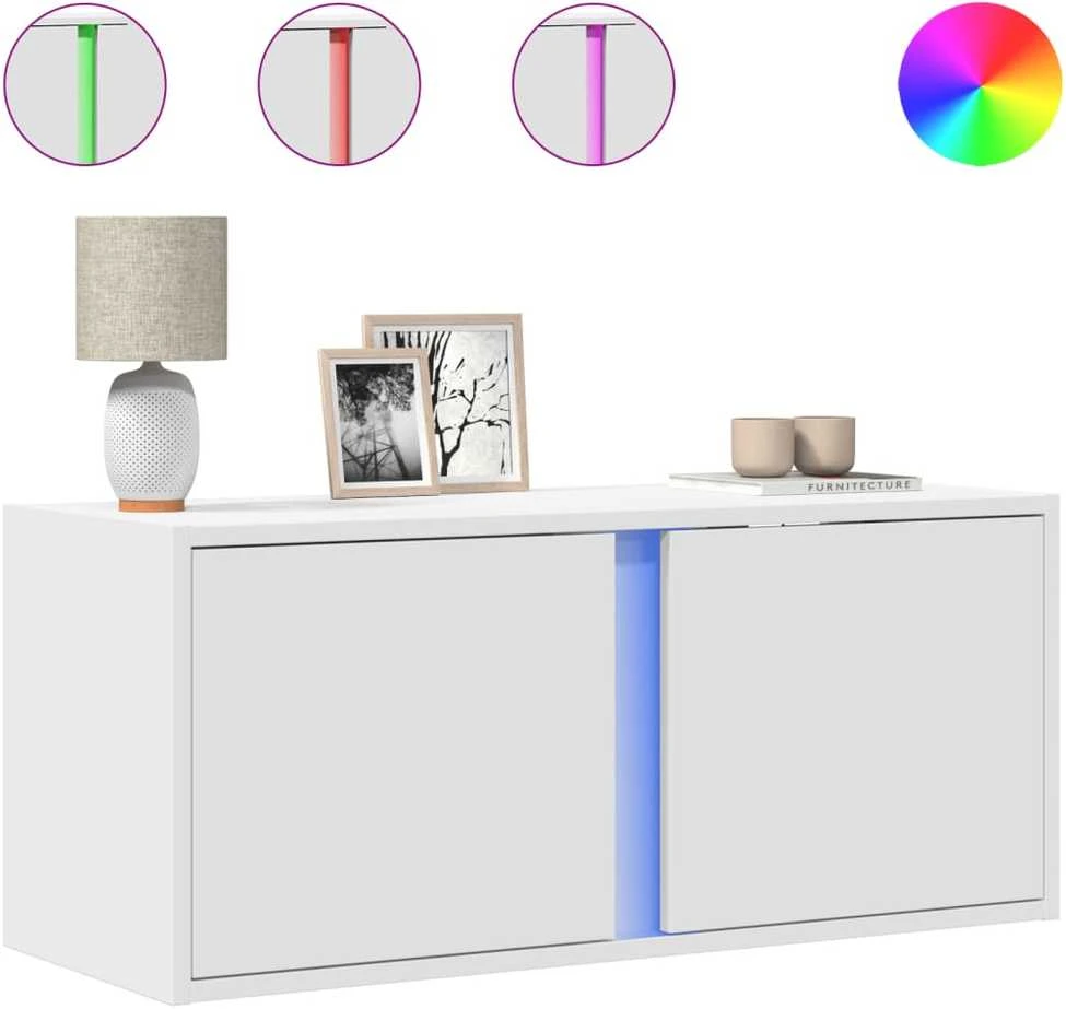 TV staliukas Sieninė TV spintelė su LED lemputėmis, balta, 80x31x35cm