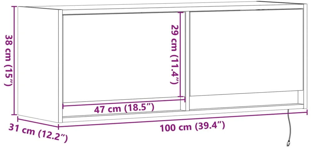 TV staliukas Sieninė TV spintelė su LED lemputėmis, betono, 100x31x35cm