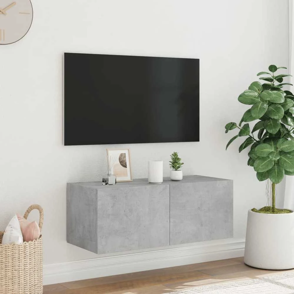 TV staliukas Sieninė TV spintelė su LED lemputėmis, betono pilka, 80x35x31cm